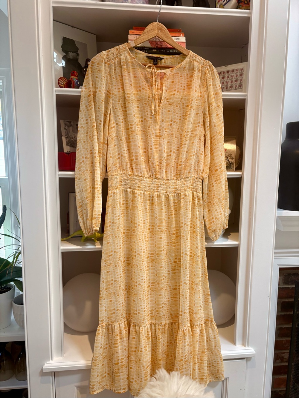 Banana Republic Yellow Printed Long Sleeve Midi Dress